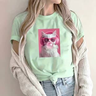 2026 New European and American Style Vacation Printed Round Neck Short Sleeve T-Shirt Women Casual Commute Top Factory