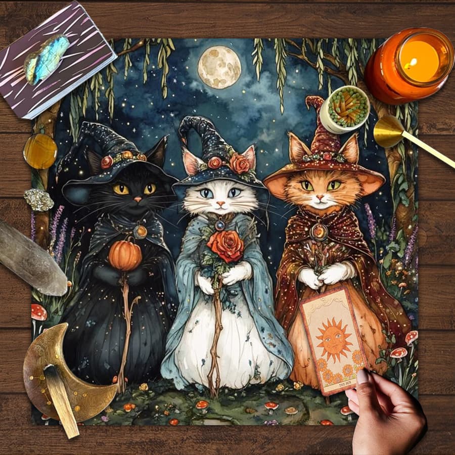 Cross-border hot-selling retro moon phase cat altar cloth five-star tarot card black oracle mat tarot tablecloth