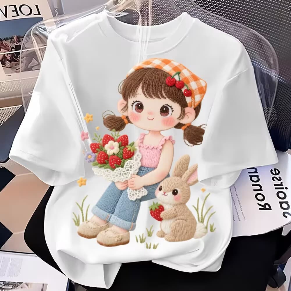 Black Short Sleeve T-Shirt for Women Summer New Style Cartoon Little Girl Holding a Bunny Embroidery Print Loose Round Neck Top