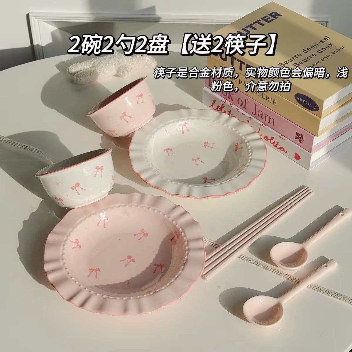 Bowl Ins New Bowknot Bowl and Dish Set Household Ceramic Bowl Tableware High Aesthetic Rice Bowl Internet Celebrity Straw Hat Plate