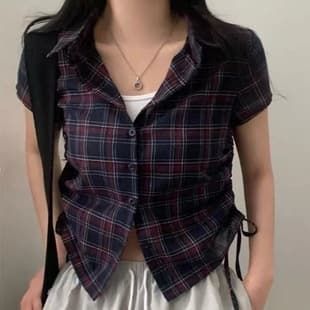Korean Style Gingham Short Sleeve Single-Breasted Button Shirt Women Shirred Hem Drawstring Design Versatile Age-Reducing Top Blouse