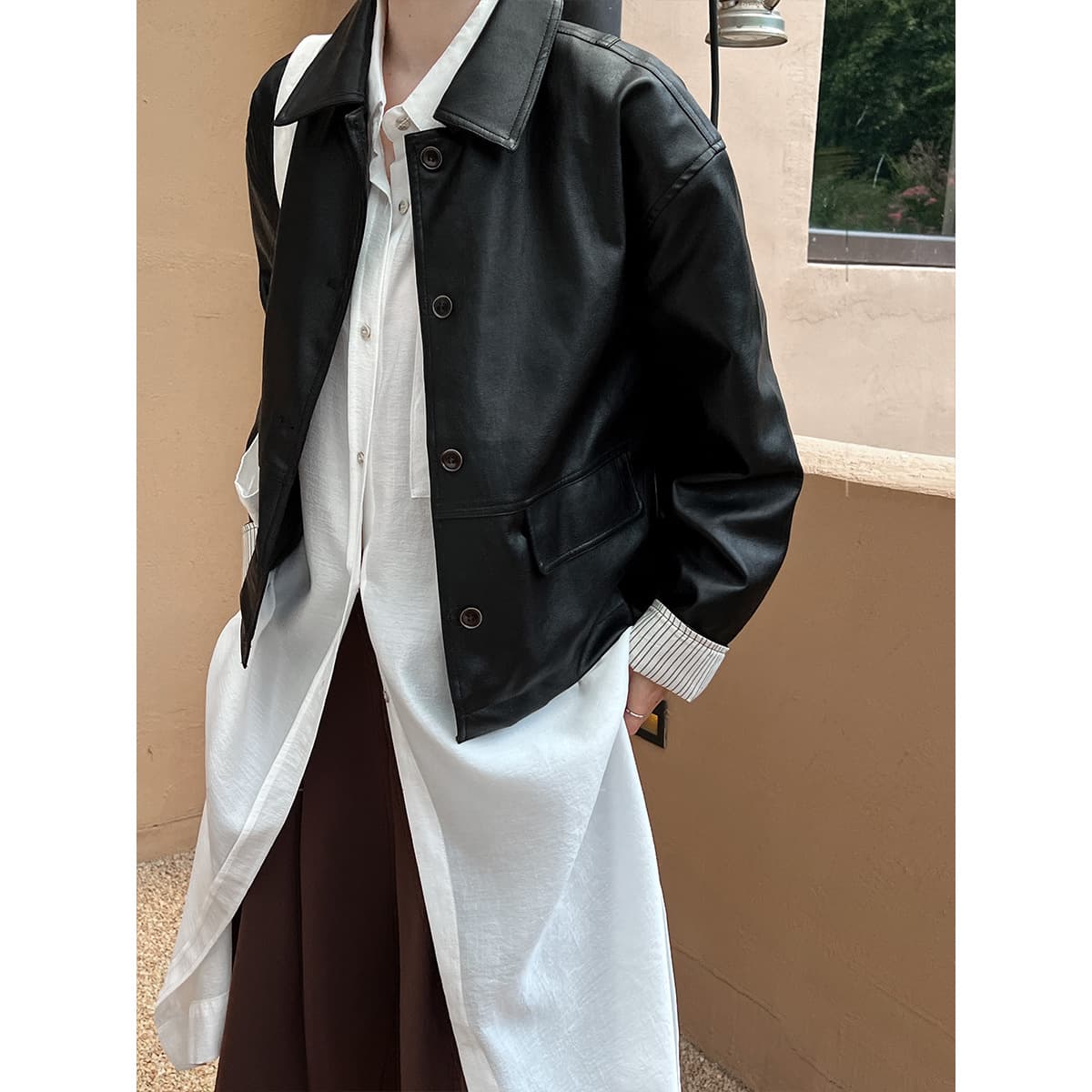 Luxi retro PU leather jacket for women with contrasting color design, autumn new high-end motorcycle jacket 9687