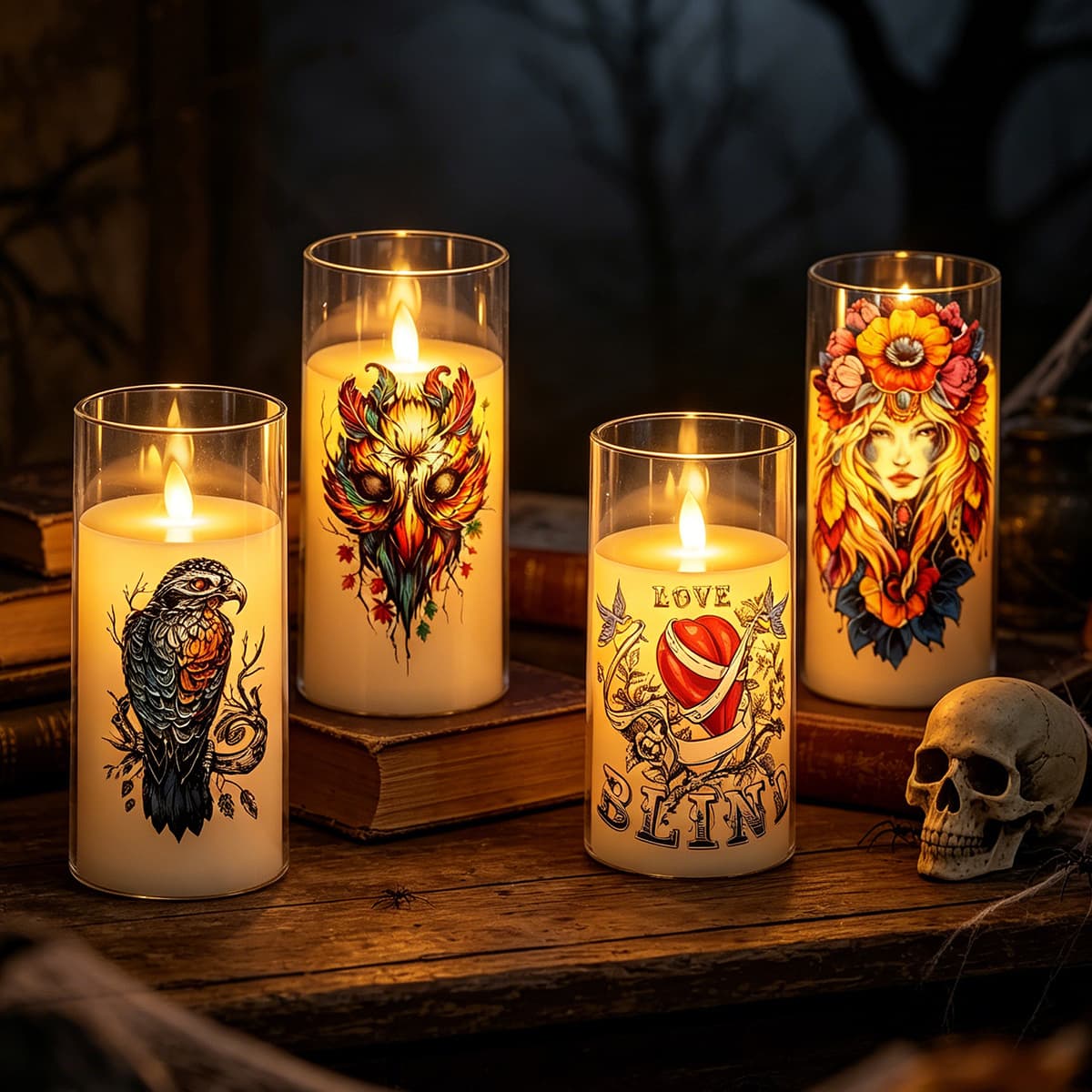 Cross-border popular Halloween LED electronic candle light pumpkin spider pumpkin witch atmosphere decorative flame ornaments