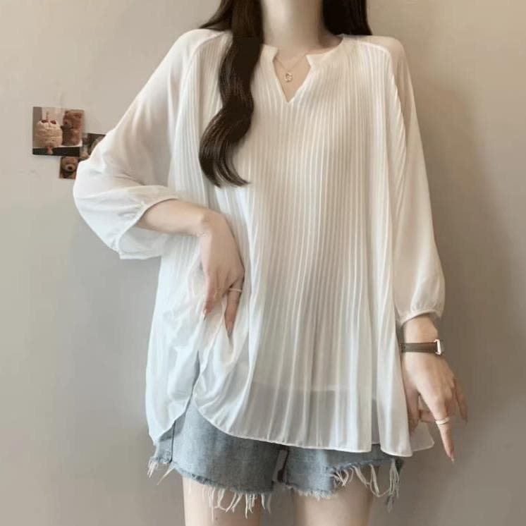 Plus Size Women's 300lb Ruffle Chiffon Blouse Loose Fit Tummy Cover Pleated 3/4 Sleeve T-Shirt Top Fashion