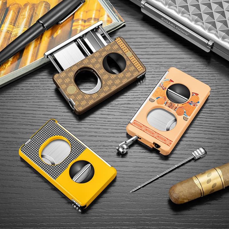 Multi-functional stainless steel cigar cutter, sharp and smooth, flat V-shaped opening, with cigar drill, cigar needle, cigarette holder, and cigar cutter.