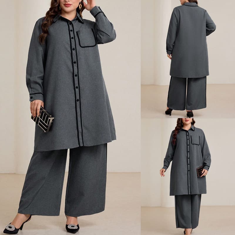 Large size high-end gray contrasting black-edged shirt suit with casual temperament for women, loose flesh-covering wide-leg pants two-piece set for women