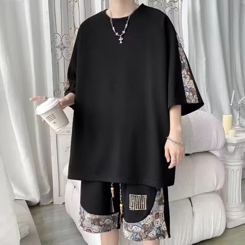 Summer men's casual sports Chinese style retro men's and women's couple sets breathable loose fashion splicing two-piece set