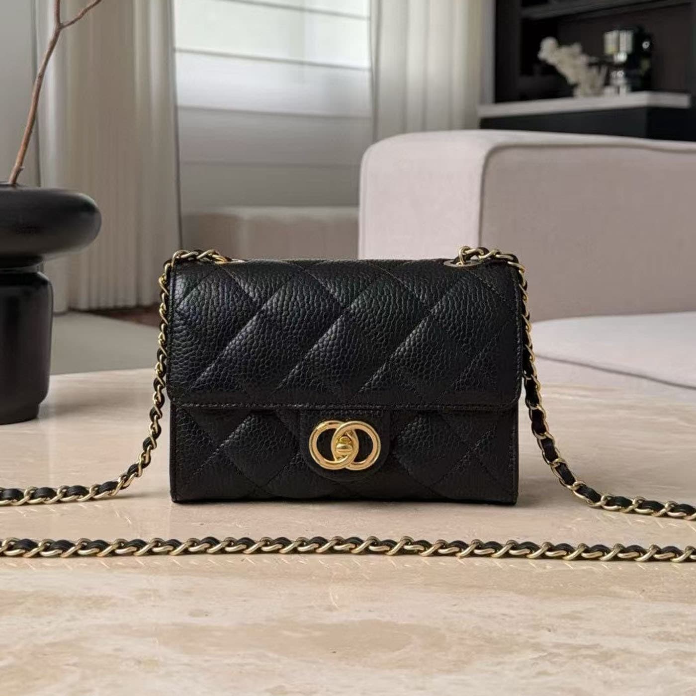 26c Black Lychee Texture Small Gold Buckle Diamond-Quilted Bag, Fashionable Versatile Mini Chain Underarm Bag, Trendy Women's Bag