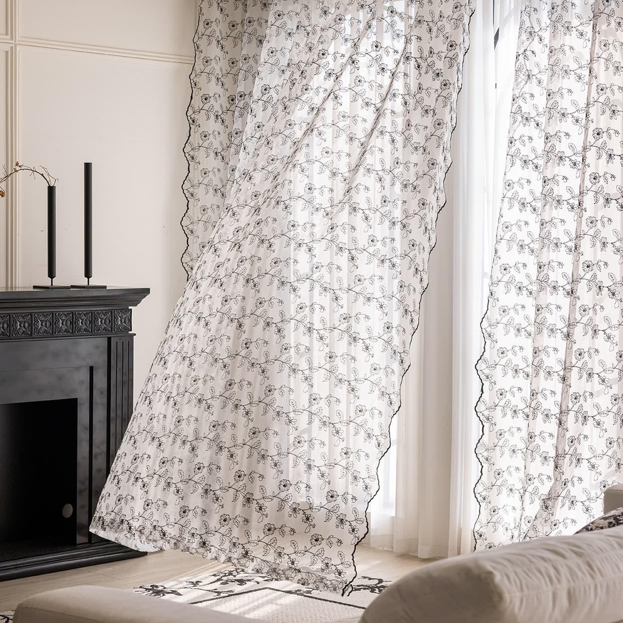 French retro black drill-free embroidered bay window floor-to-ceiling window small window living room bedroom black and white curtain gauze