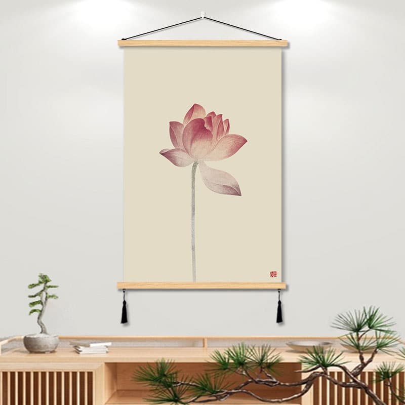 Chinese Lotus Tea Room Hanging Painting, Office Decoration Art Fabric Wall Art for Study Room, No-Drilling Background Wall Painting