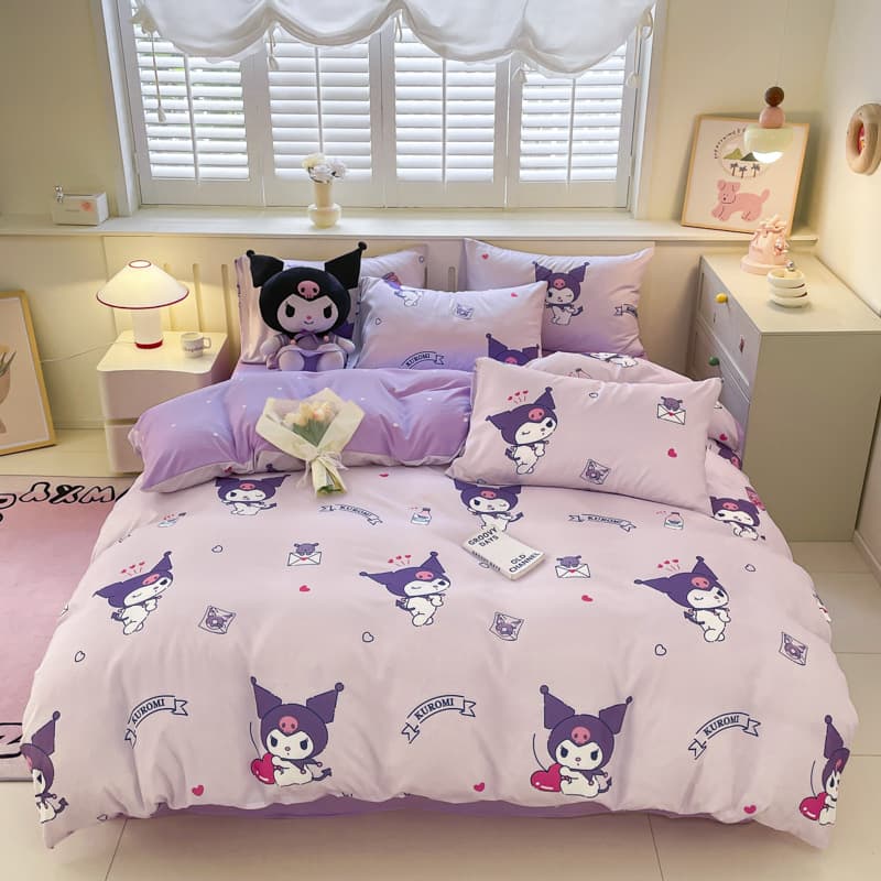 HelloKitty Kulomi Washed Cotton Four-piece Sanrio Sanding Bed Sheet Quilt Cover Student Three-piece Set