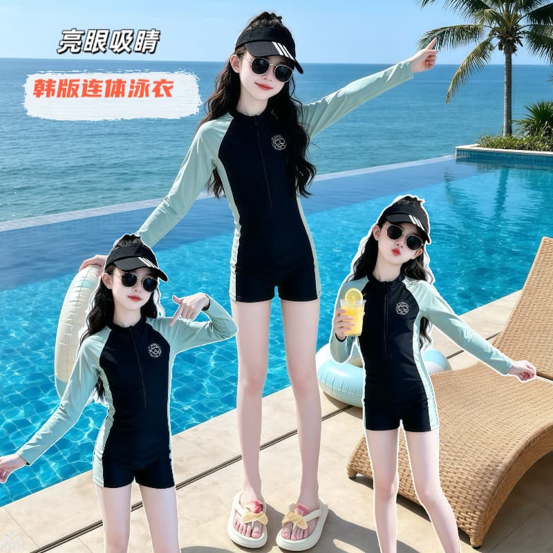 Girls Swimsuit Summer Long Sleeve Sun Protection Swimwear for Older Kids Beach Quick-Dry Swimming Suit