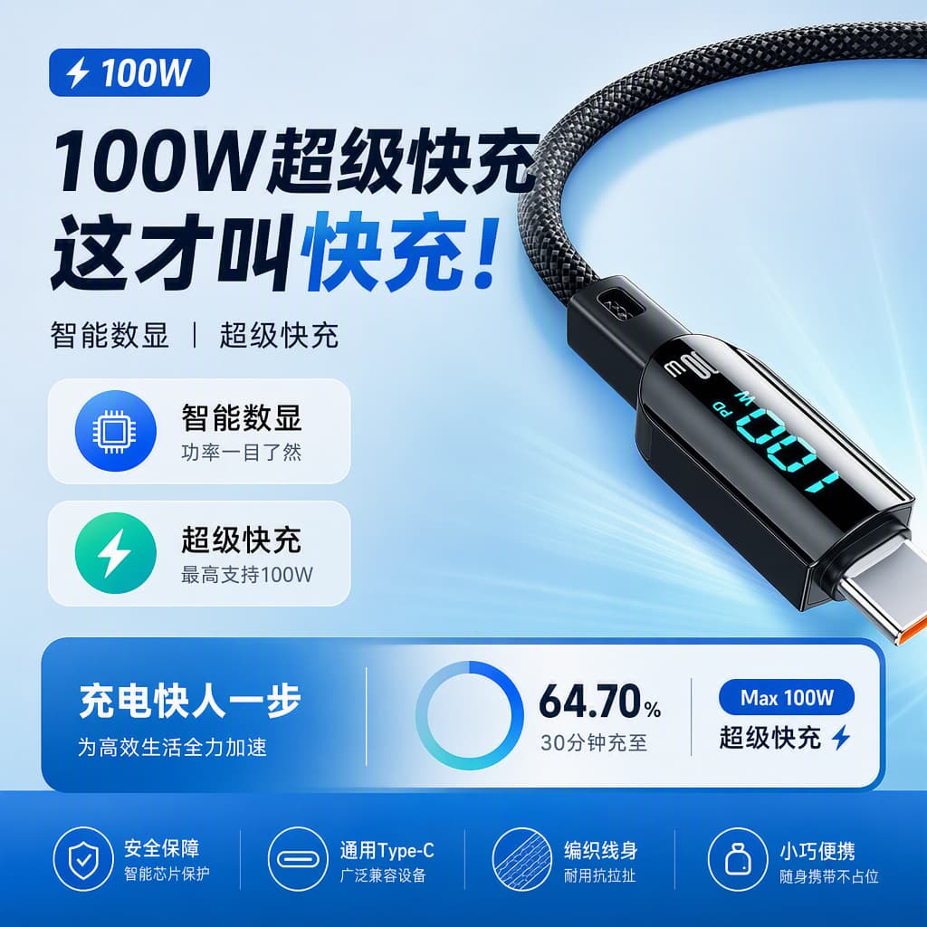 Digital display 100W super fast charging data cable suitable for Apple Huawei Xiaomi Honor typec charging cable flash charging