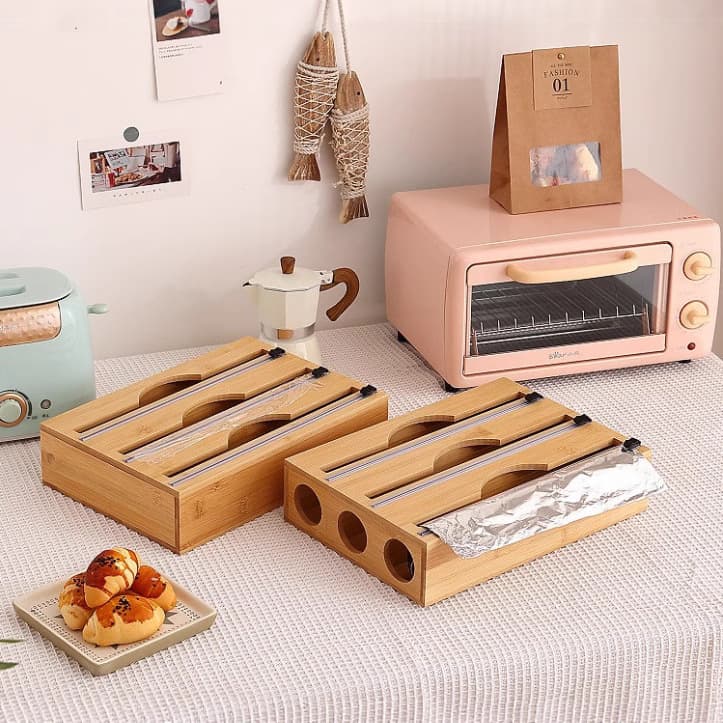 Storage and Preservation Storage Box Divider Drawer Storage Box Tin Foil Storage Cutting Divider Bamboo Wood Wall-Mounted Tin Foil Paper