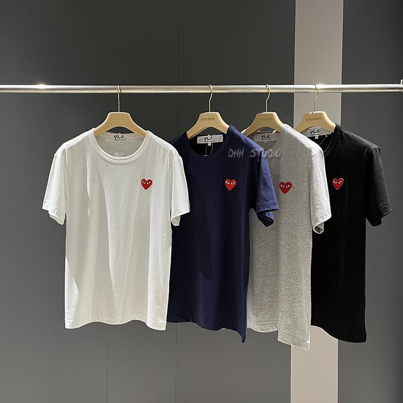 Chuanjiu White Heart T-Shirt for Women, Couple Style with Red Heart Embroidery, Play Rei Pure Cotton Short-Sleeve Couple Style, Short and Thin Version