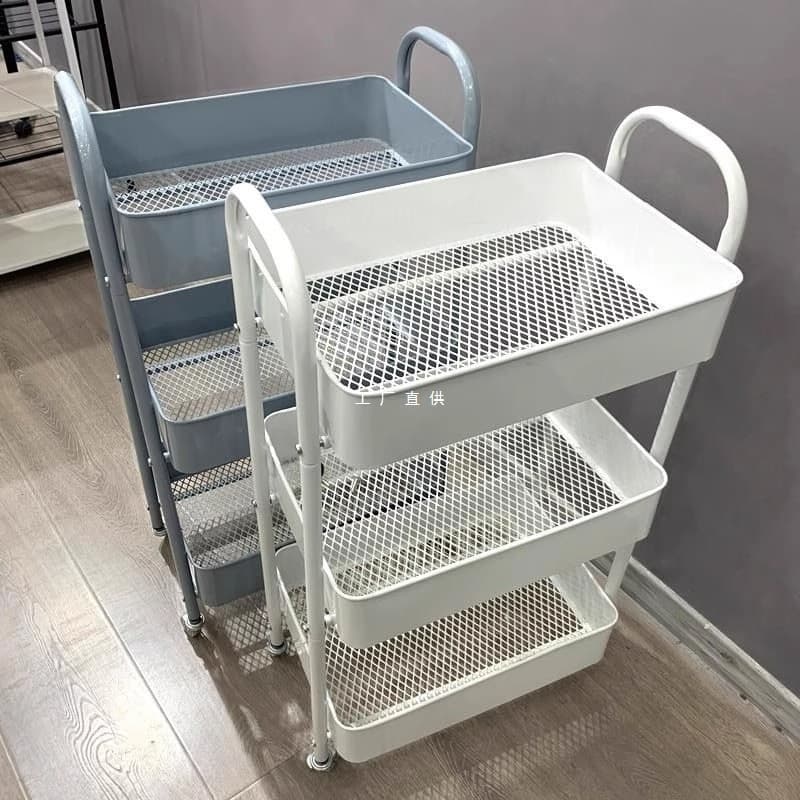 Small floor-standing multi-tiered storage rack for bedroom, bathroom, baby supplies, and kitchen; also a portable snack rack.