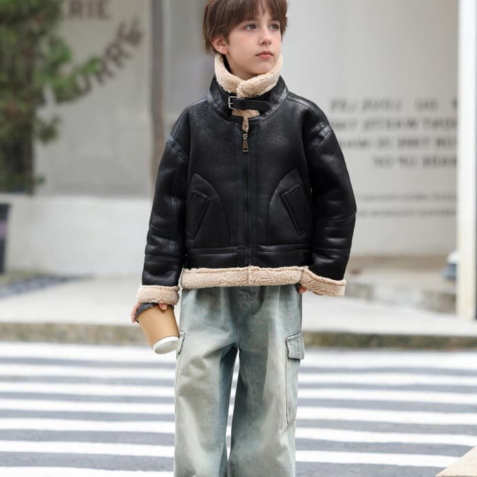 Huzhou Zhili Suede Children's Winter Jacket Unisex Leather Coat with Integrated Fur Thickened Fleece Cross-Border