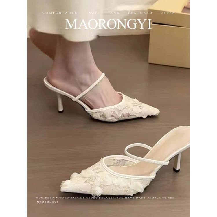 Pink Mist Rose! Gentle Pointed Toe One-Strap High Heels with Covered Toe, Thin Heel, Semi-Slipper Women's Spring 2025 Mesh Sandals