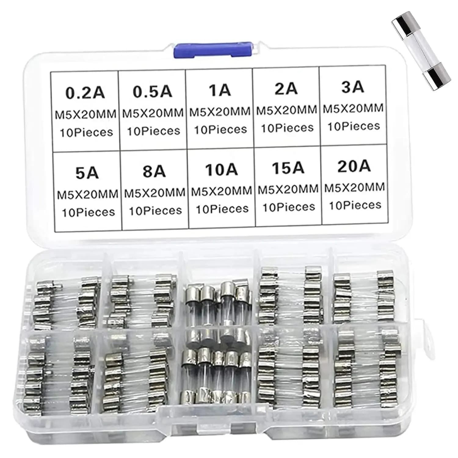 Glass Fuse Assortment Kit 5x20mm, 10 Types Mixed Sample Box, 100 PCS Total