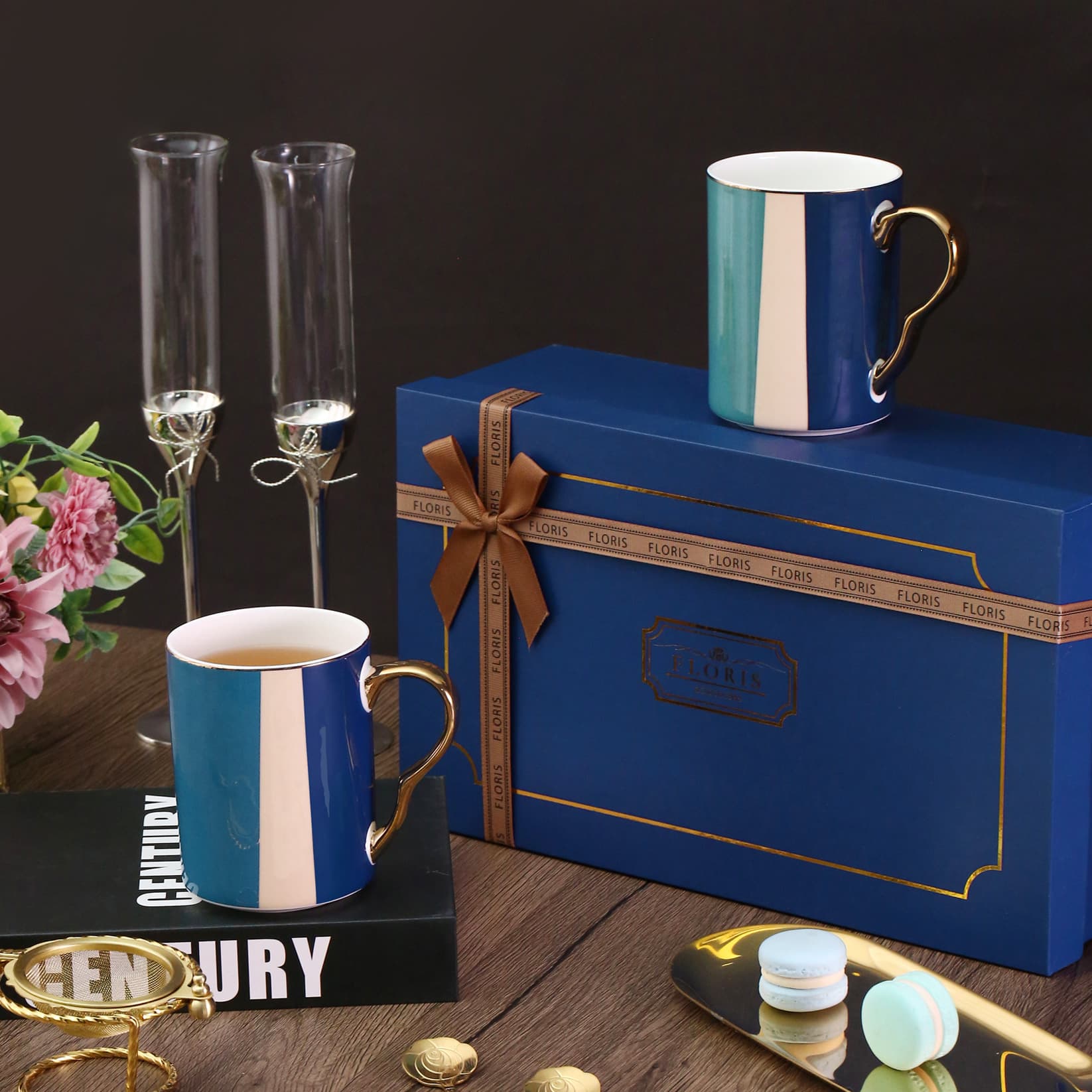 FLORIS Cross-border High-end Gold-rimmed Bone China 2-Piece Mug Coffee Cup Gift Set Souvenir Hot Seller