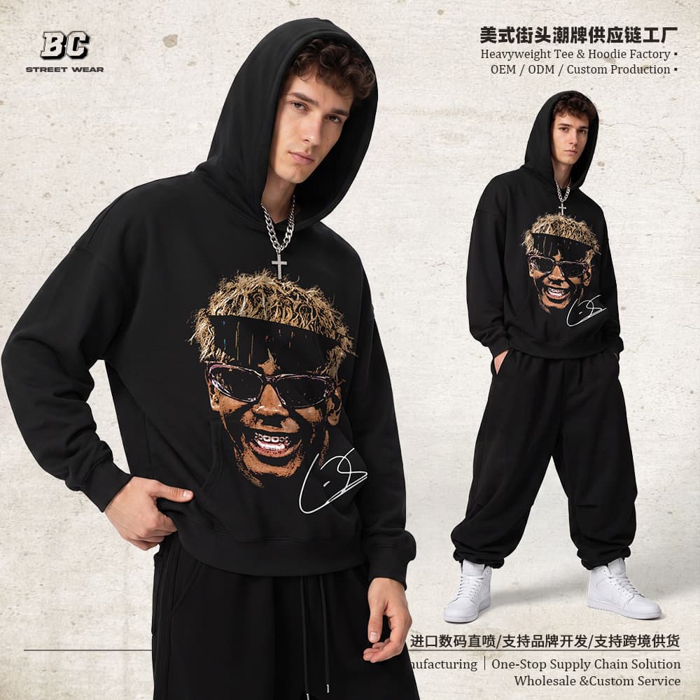 Cross-border Yamal printed T-shirt sweatshirt American high street washed and distressed heavy cotton Oversize loose men