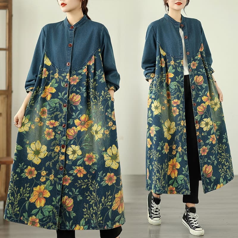 Retro Round Collar Patchwork Print Denim Jacket Loose Casual Oversized Mid-Length Trench Coat
