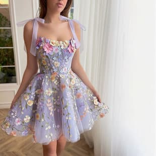 Purple Lace Short Evening Dress Mesh Forest Style Strappy Dress Banquet Birthday Adult Ceremony Daily Commute Dress