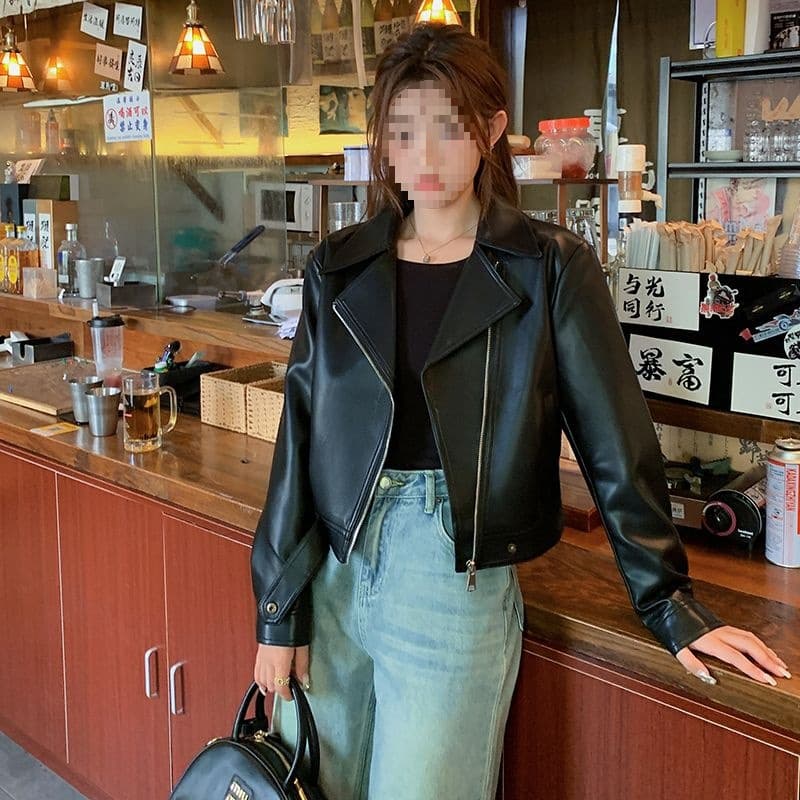 Black PU Leather Short Jacket for Women 2025 Autumn Korean Design Sense Niche Loose Casual Motorcycle Jacket Top