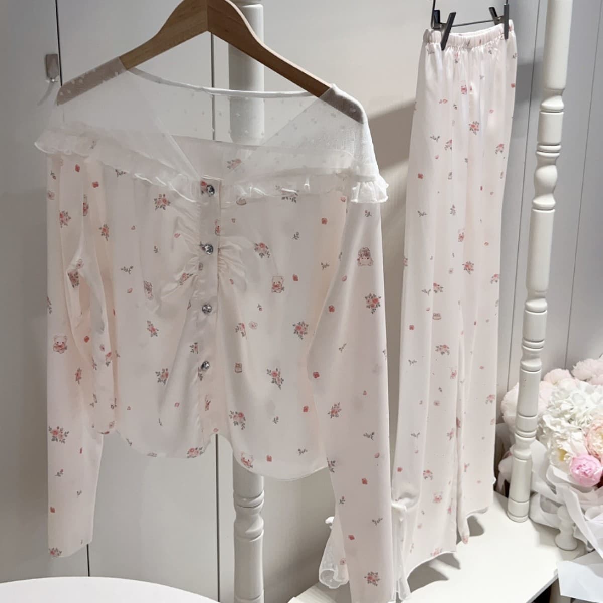 Pure Desire Style Pajama Set for Women, French Spring Autumn New Ice Silk Long Sleeve Long Pants Sweet Lace Small Floral Loungewear