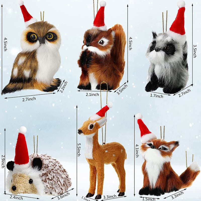 Simulated fur animal Christmas hats, owls, squirrels, raccoons, hedgehogs, deer, foxes, Christmas tree decorations, animal models