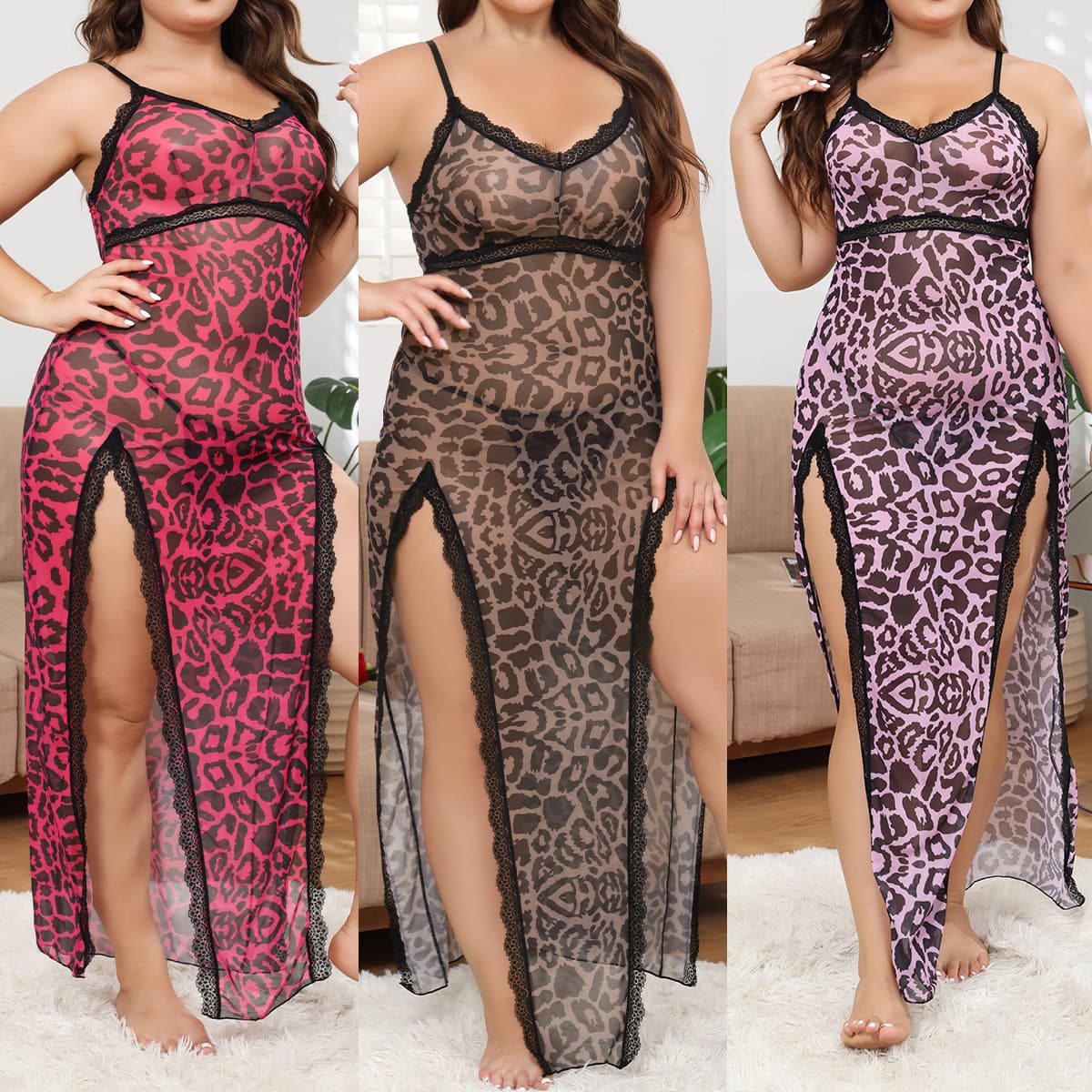 European and American large size new leopard print sexy long skirt pajamas popular see-through mesh slit leopard print temptation pajamas 8477