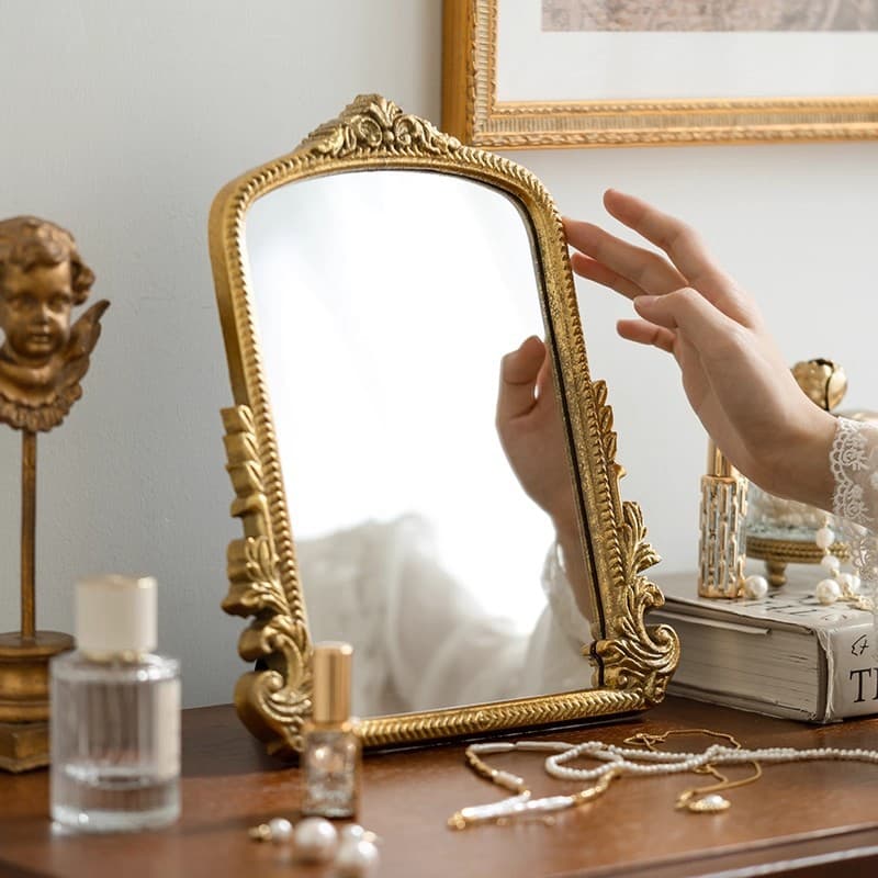 Retro desktop makeup mirror, French style wall-mounted decorative mirror, carved mirror, dressing mirror, wooden desktop mirror