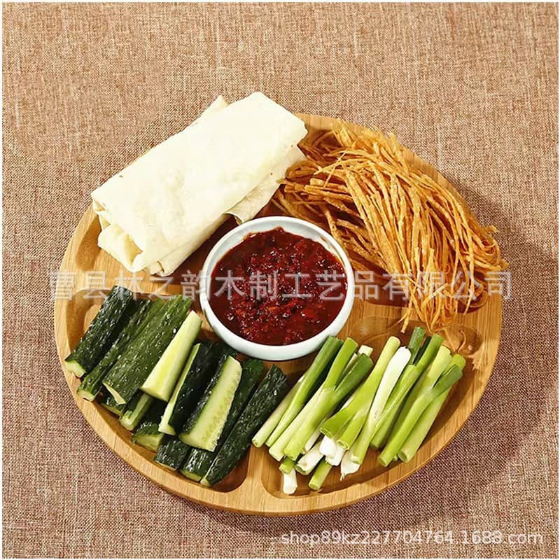 Wooden compartmentalized serving tray for gatherings, dried fruits, snacks, fruits, and a rotatable tea brewing tray.