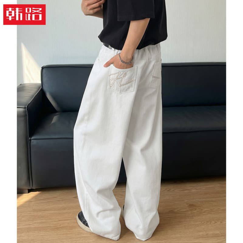 American High Street Style Pocket Contrast Color Embroidered White Jeans for Men, Spring Vintage Trendy Brand Loose Straight Casual Pants