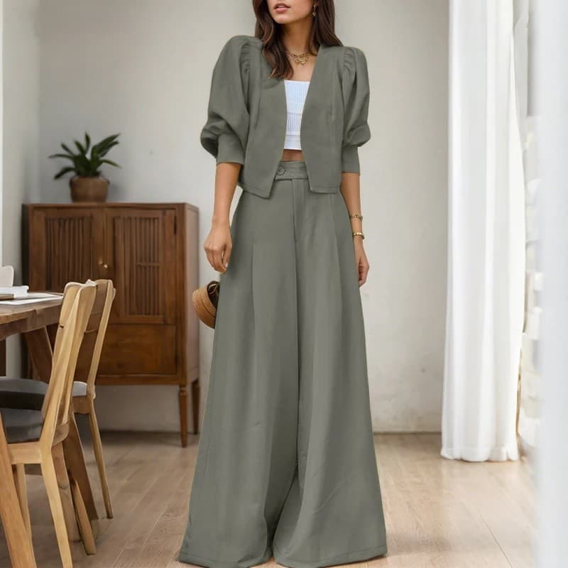 2026 Elegant ladies two-piece trousers suit, long-sleeved cardigan suit, high-waisted wide-leg pants, fashionable solid color two-piece suit