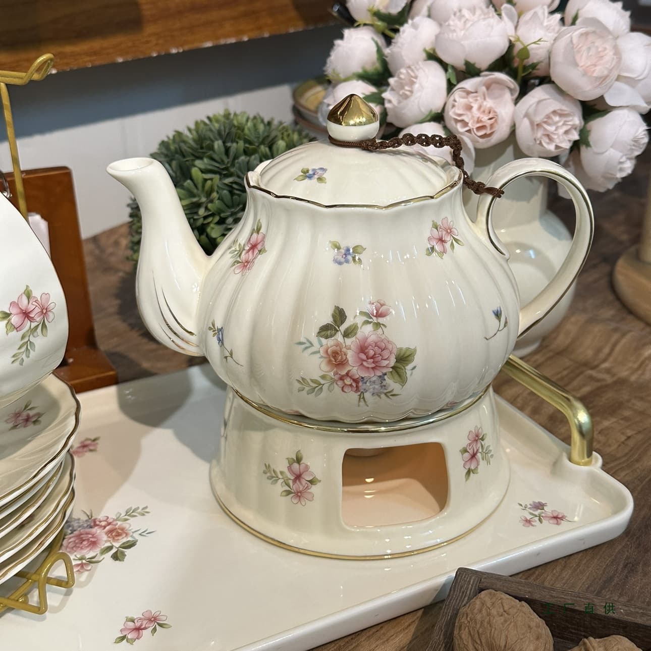 European-style ceramic flower teapot with heat-resistant glass, candle heating set for English-style herbal and fruit teas