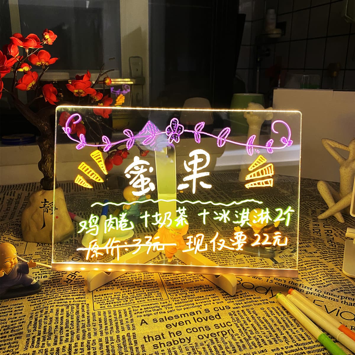 Erasable Acrylic Advertising Sign Display Board Glow Small Chalkboard for Stalls, Night Markets, Shops LED Handwriting Fluorescent Board