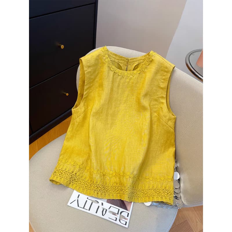 Yellow lace embroidered linen sleeveless vest for women 2025 summer loose round neck temperament cotton and linen women's top