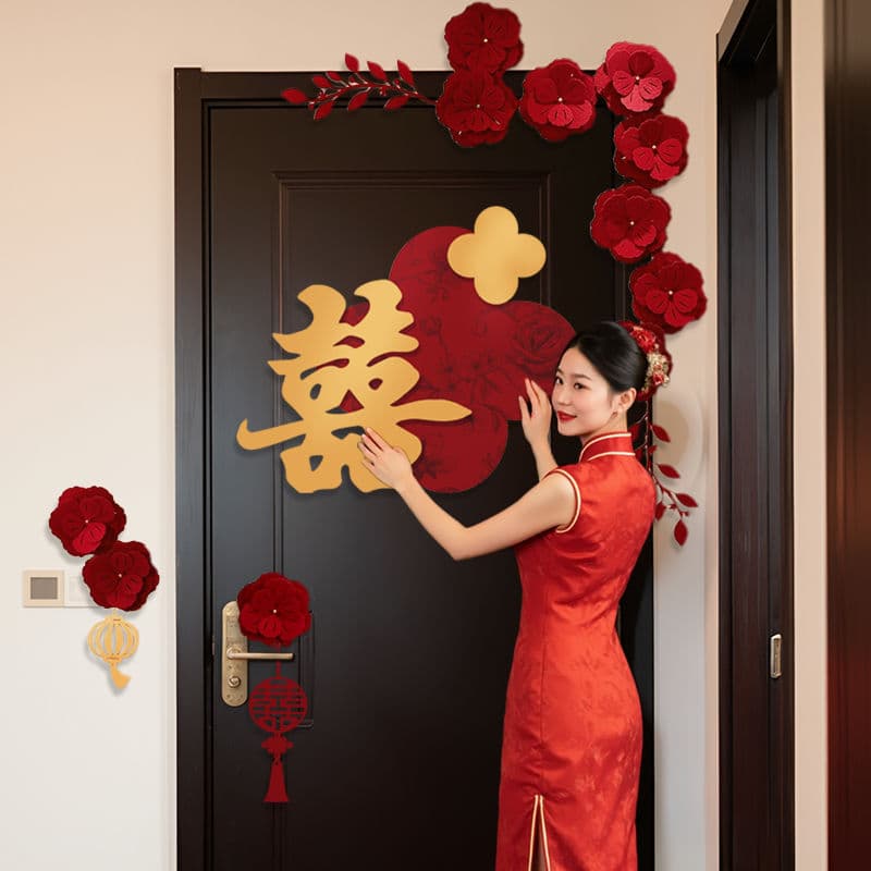 Wedding Room Decoration Set with Double Happiness Door Stickers, Complete Wedding Supplies for Bride and Groom Bedroom Decoration