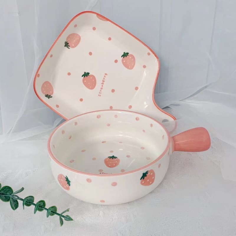 Nordic Style Microwave-Safe Plate and Bowl with Strawberry Hand-Painted Handle, Ceramic Dinnerware, Baking Dish, Steamed Egg Bowl
