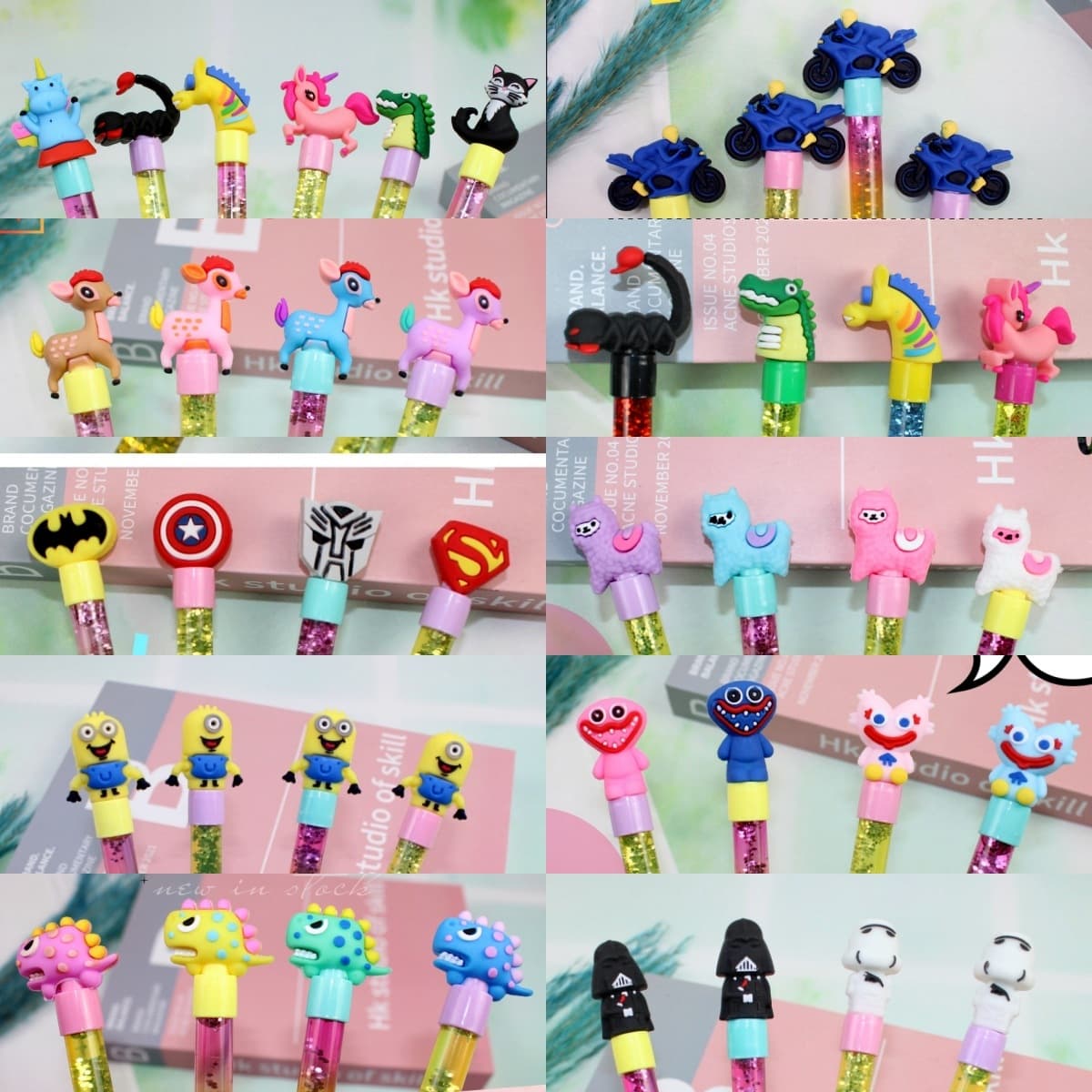 Assorted PVC Soft Tip Caps in Various Cartoon Designs for Ballpoint Pens and Student Pencils, Protective Sleeves Wholesale