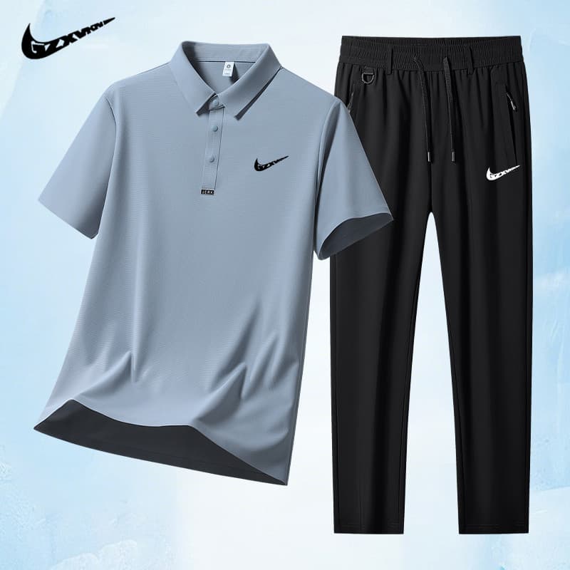 Ice Silk Sports Suit for Men, Summer Thin Breathable Quick-Dry Short-Sleeve Polo Shirt and Long Pants Casual Two-Piece Set Men's Clothing