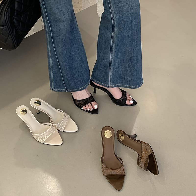 French Lace Pointed Toe Thin Heel Sandals for Women Summer Wear Gentle Style Open Toe High Heel One-Band Slip-On Commuter Mules