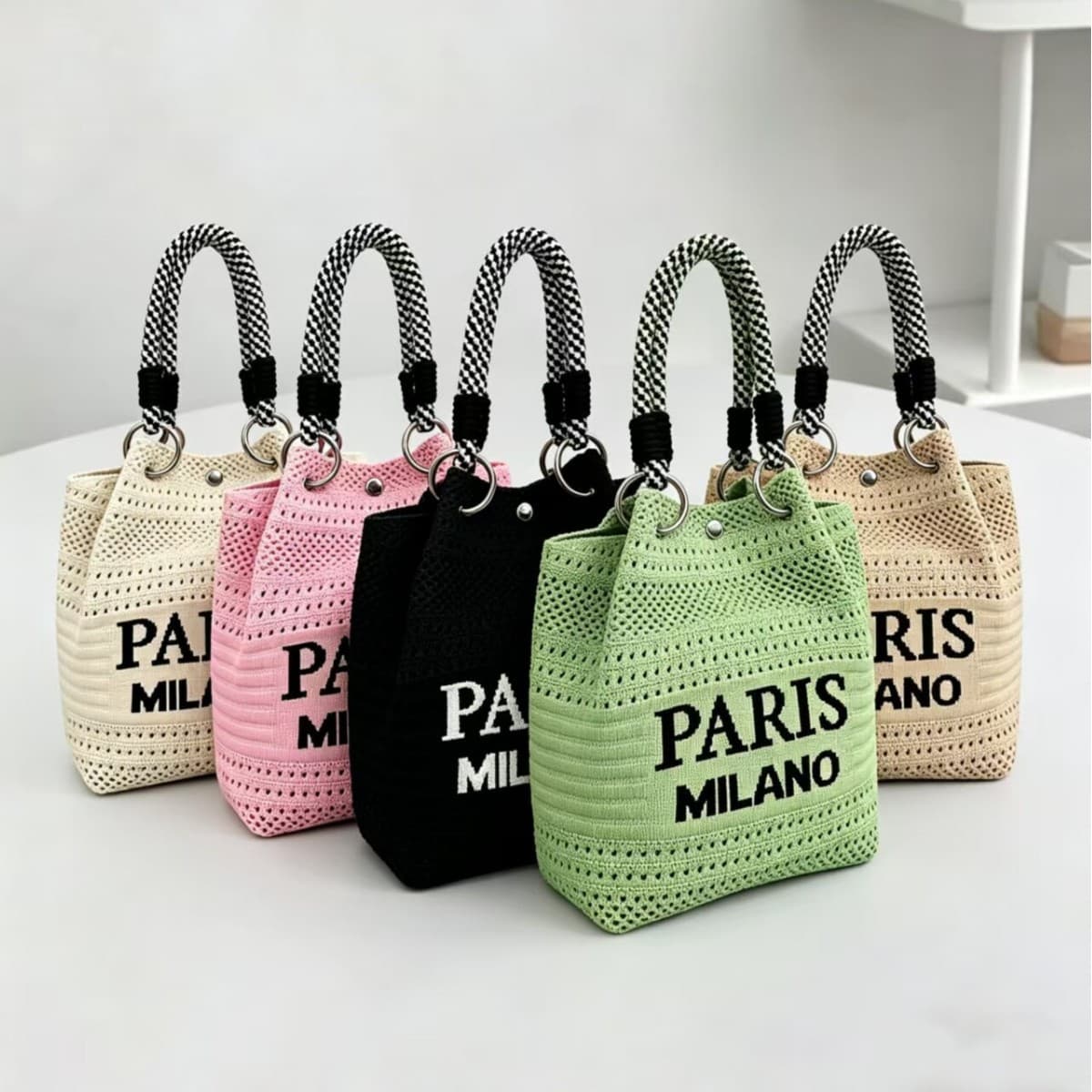 New Woven Handbag Women Paris Milan Letter Bucket Bag Commute Versatile Knitted Bag Small Square Bag Hollow Out Fashion