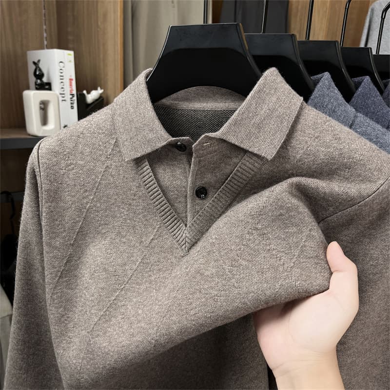 New autumn/winter style thickened warm two-piece knit sweater for middle-aged men, solid color casual base layer top.