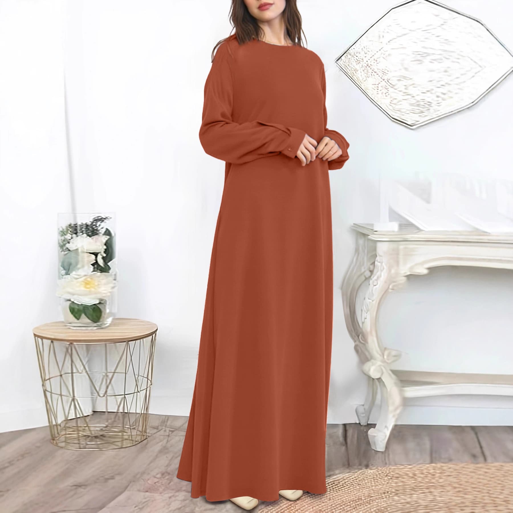 Cross-border Hot Selling Solid Color Loose Conservative Long Sleeve Abaya Women Dresses