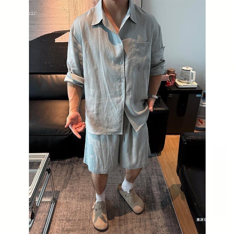 Relaxed and Lazy Style Tencel Linen Suit for Men, Summer Short-Sleeved Shorts Two-Piece Set, American Casual Cotton and Linen Shirt