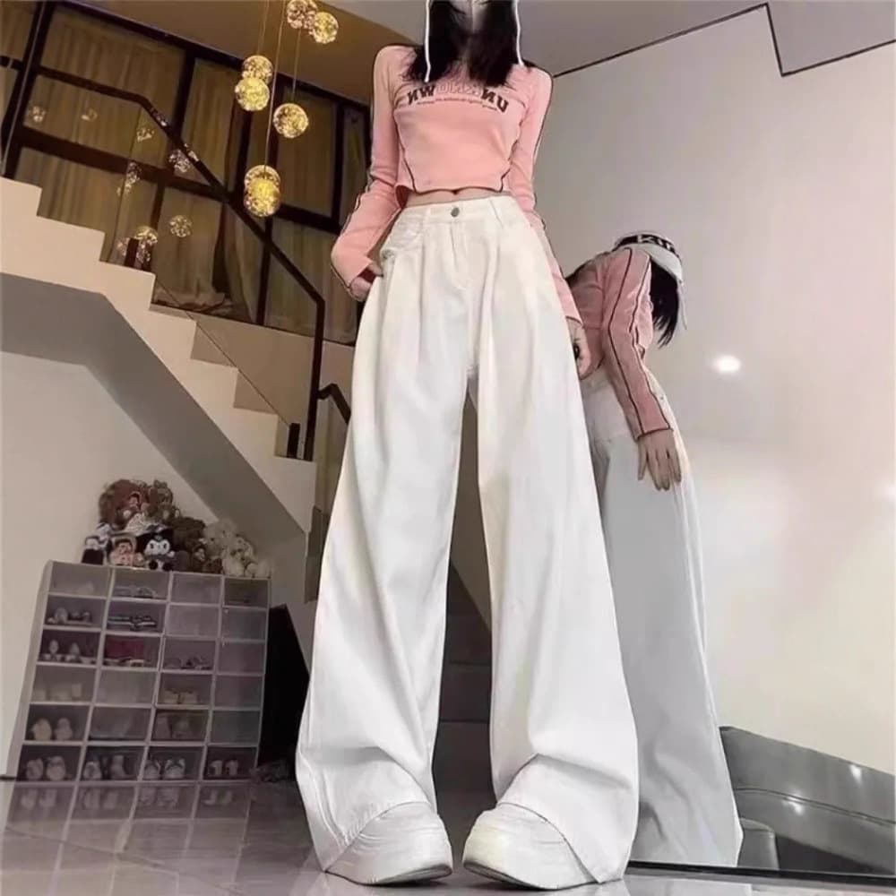 [Hanniu] White high-waisted wide-leg jeans for women in autumn new Korean style high-end loose casual pants