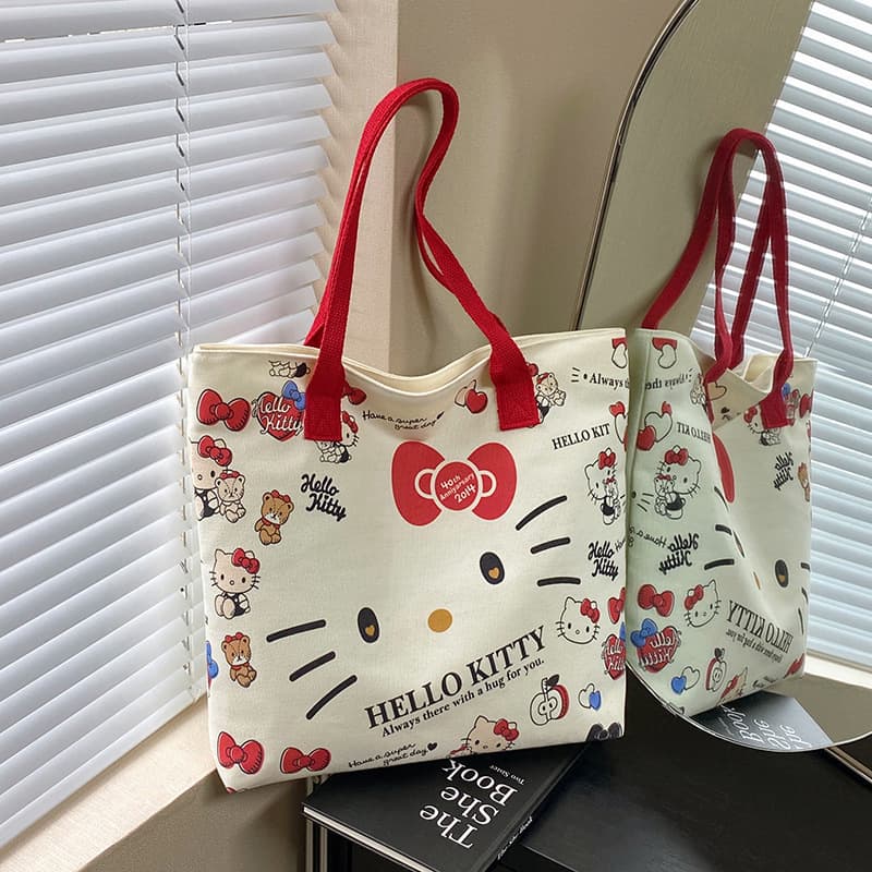 Cartoon Hello Kitty printed canvas bag, cute Kitty shopping tote, large capacity student handbag for school
