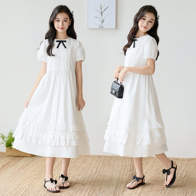 Girls Summer Dress Short Sleeve White Cotton Skirt 2026 New Children Little Girl Elegant Princess Dress